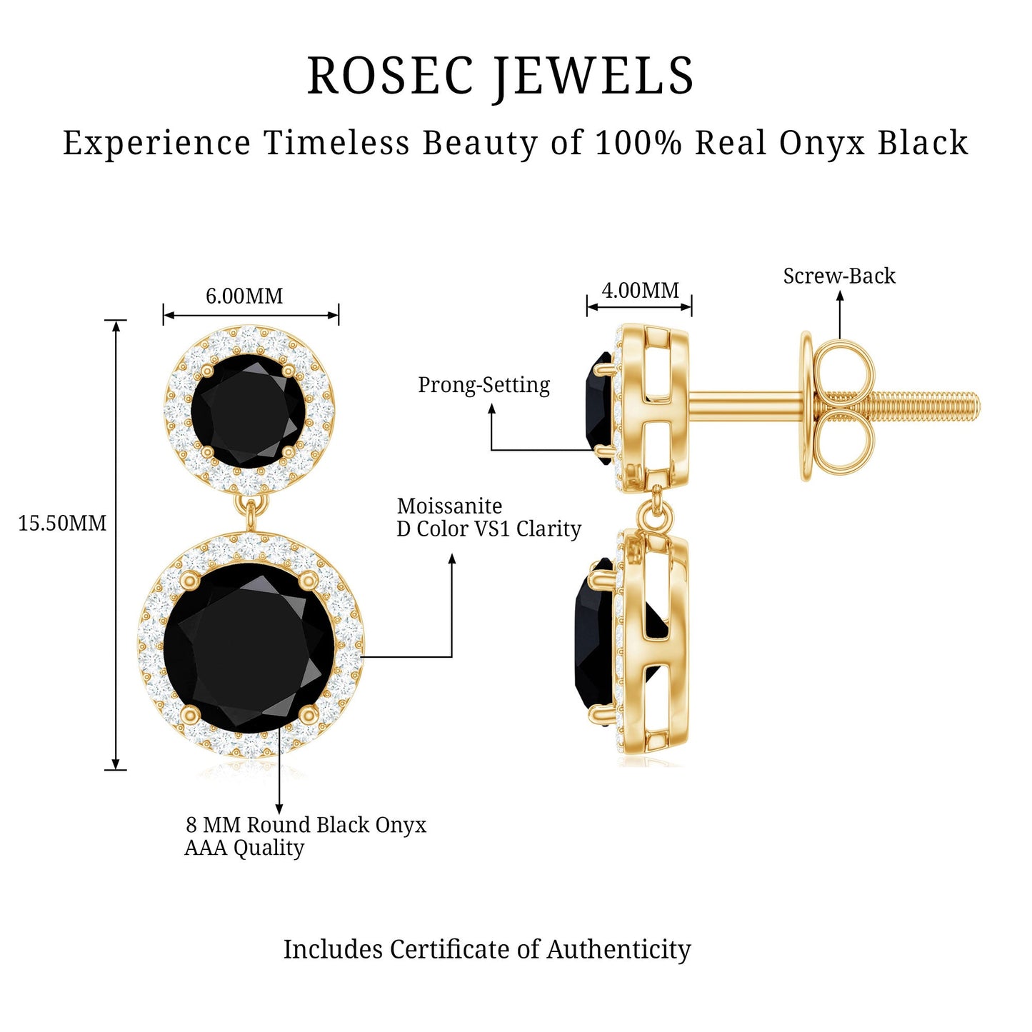 Natural Black Onyx and Moissanite Dangling Earrings