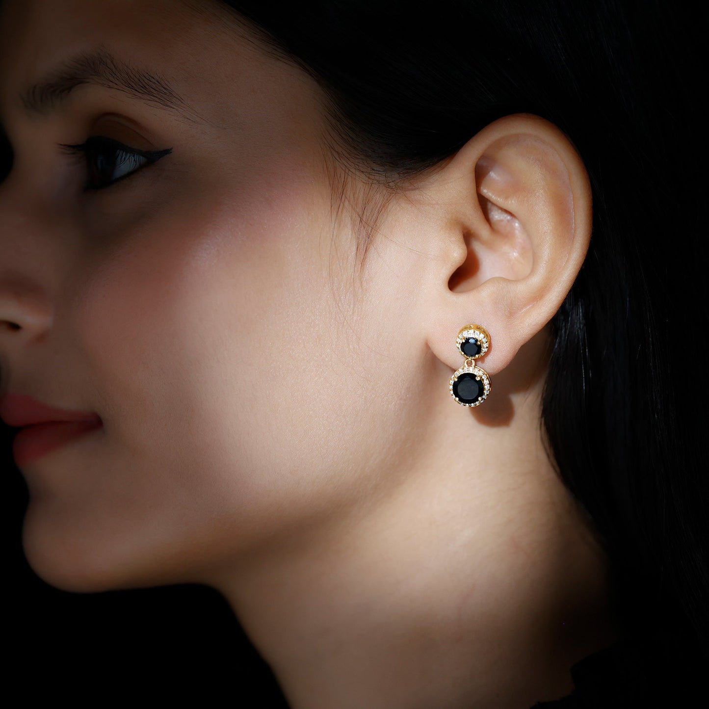 Natural Black Onyx and Moissanite Dangling Earrings