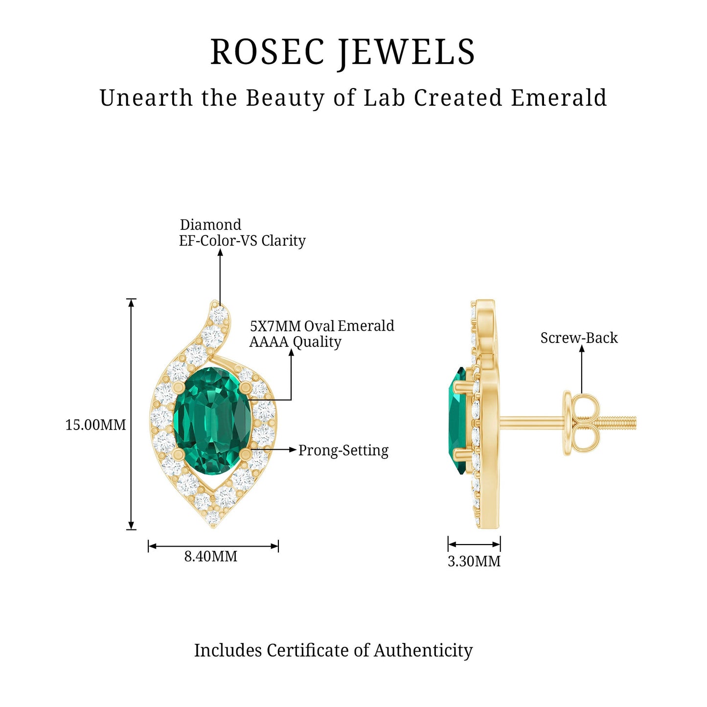 Vintage Inspired Lab Grown Emerald Stud Earrings With Diamond