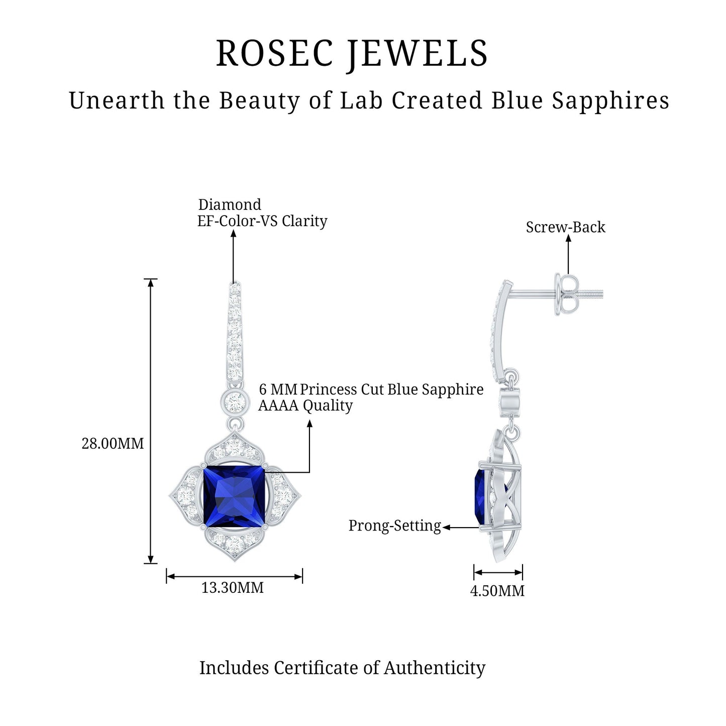 Lab Grown Blue Sapphire Floral Inspired Drop Earrings with Diamonds
