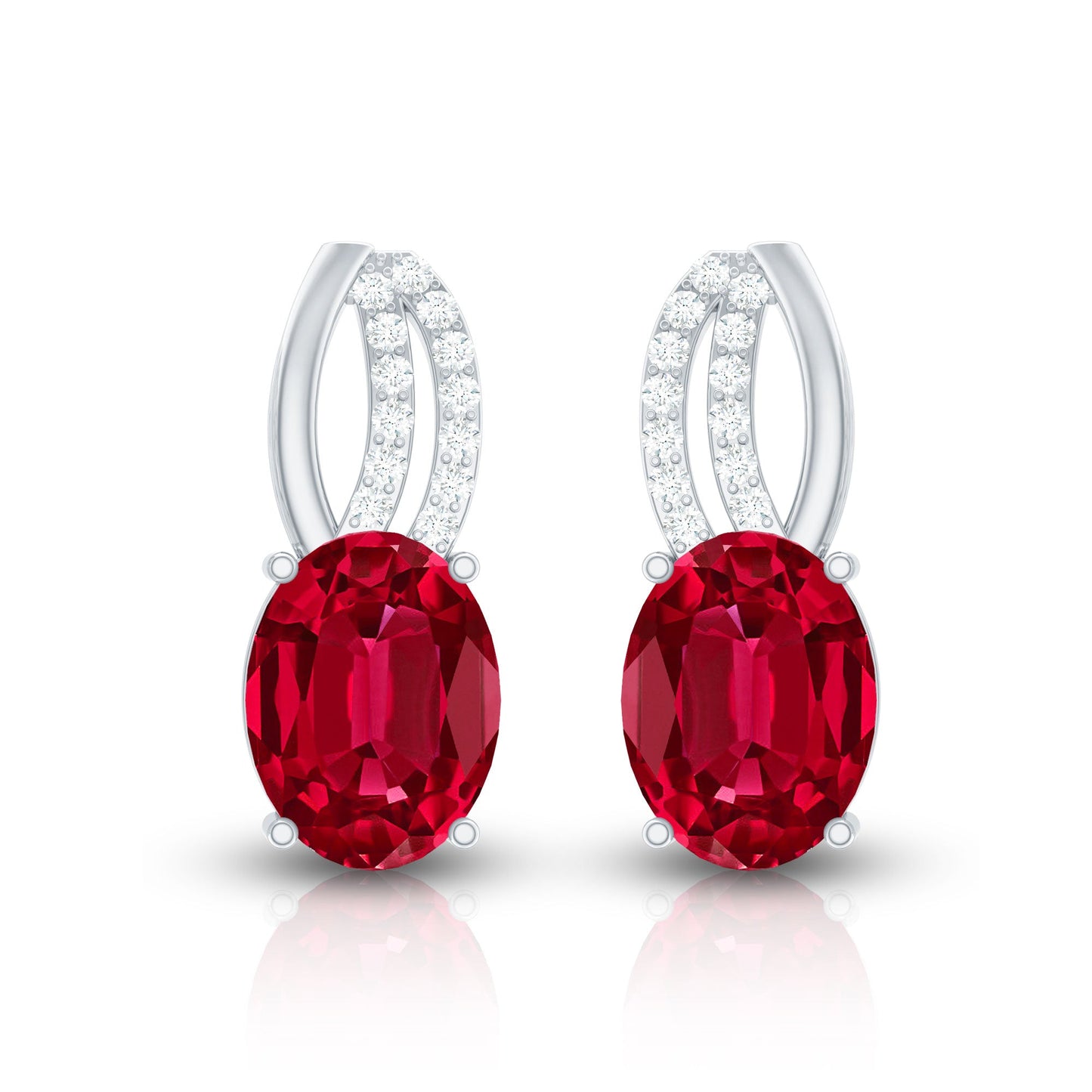 Certified Oval Lab Created Ruby Stud Earrings with Diamonds