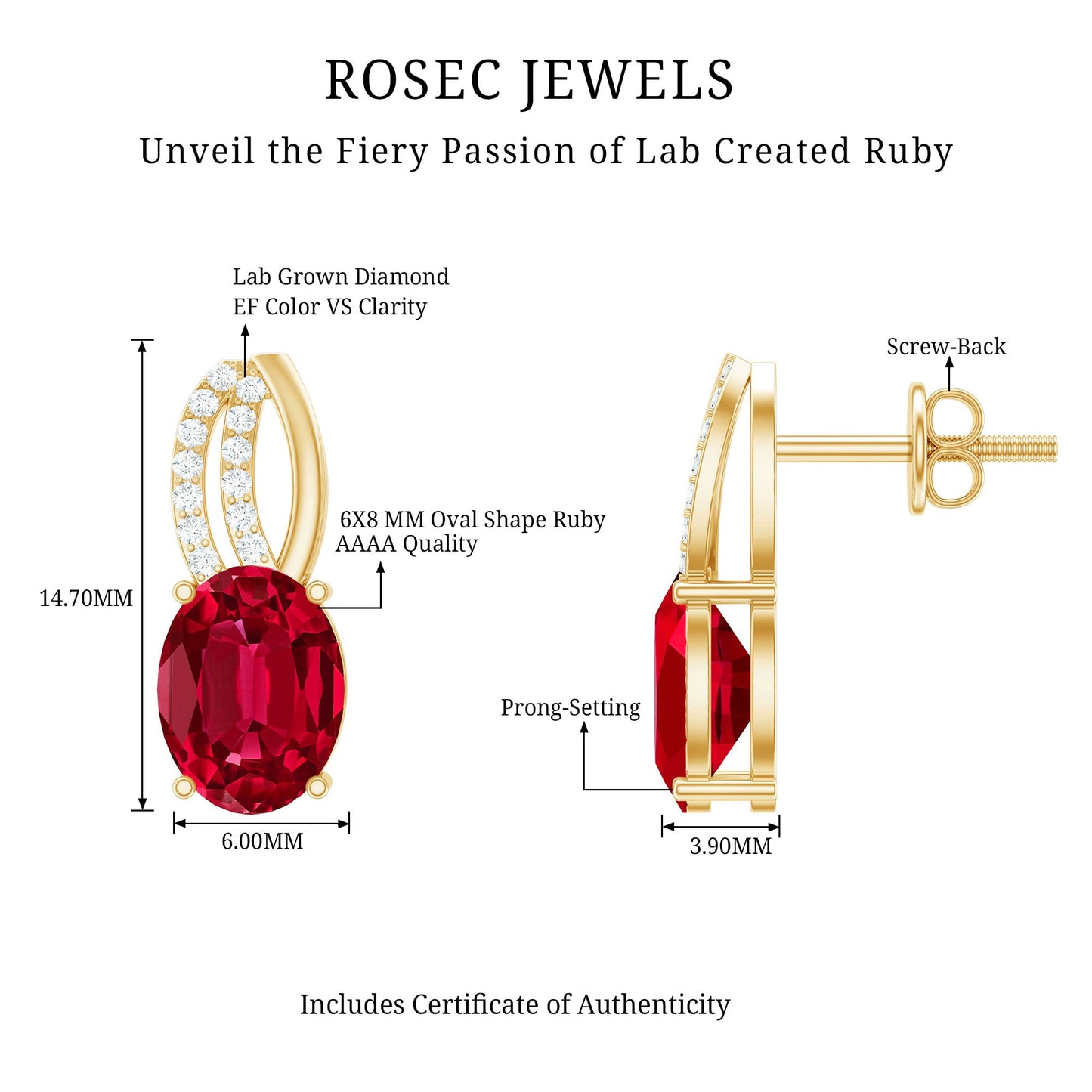 Certified Oval Lab Created Ruby Stud Earrings with Diamonds