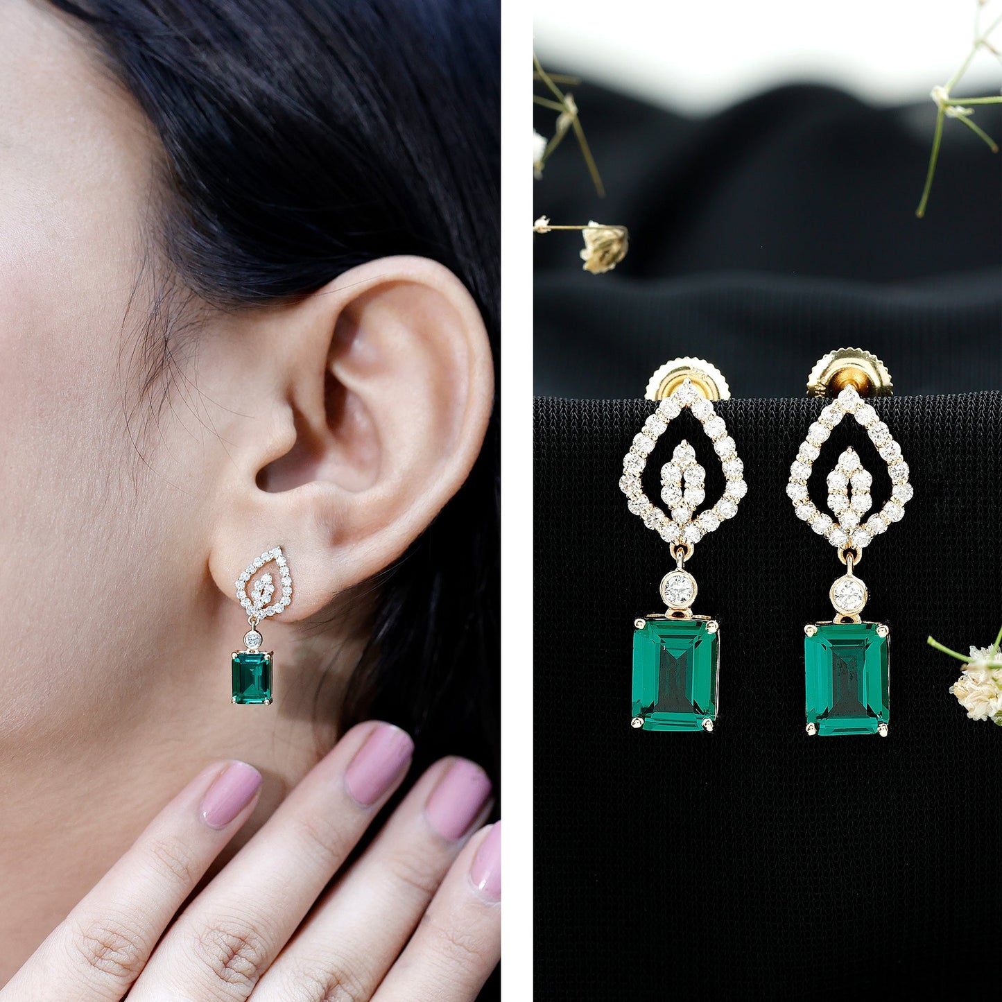 Art Deco Lab Grown Emerald Diamond Drop Earrings With Screw Back