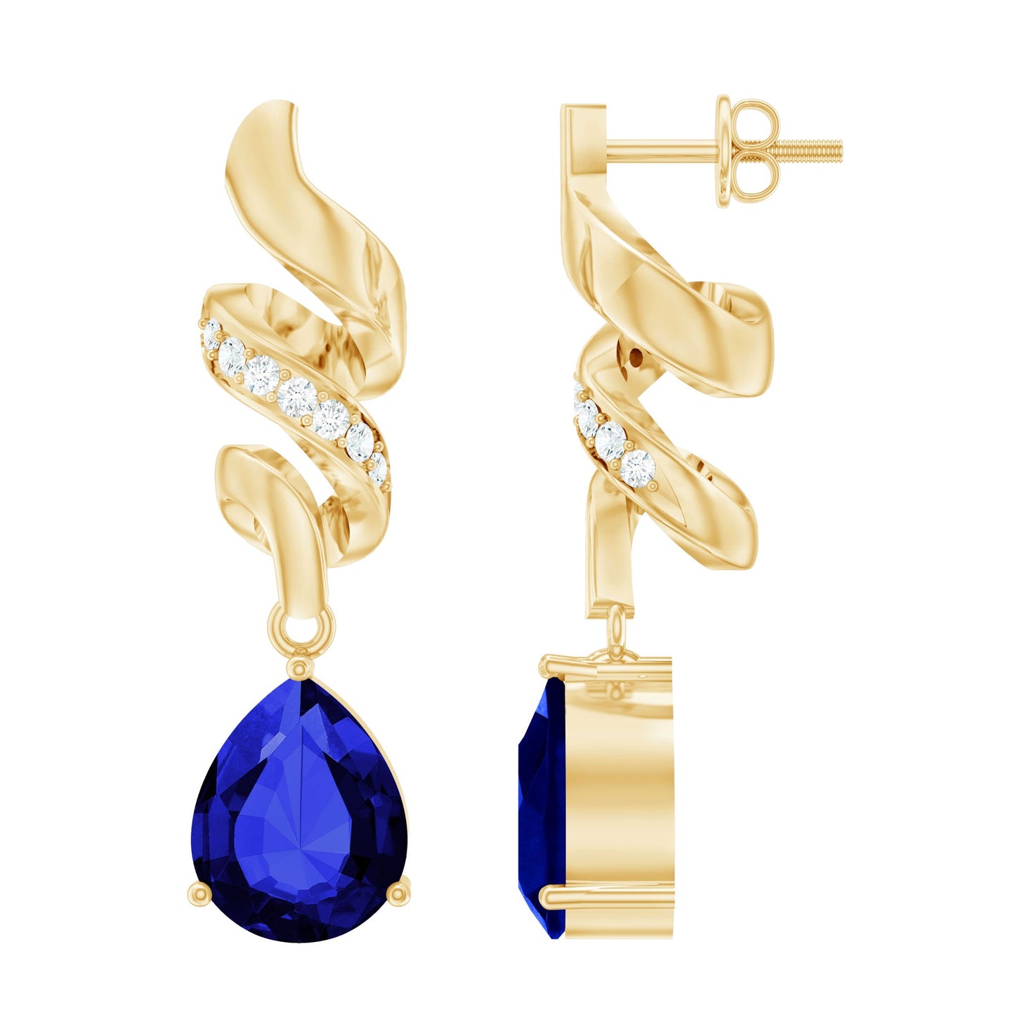 Designer Lab Grown Blue Sapphire Teardrop Earrings with Diamonds