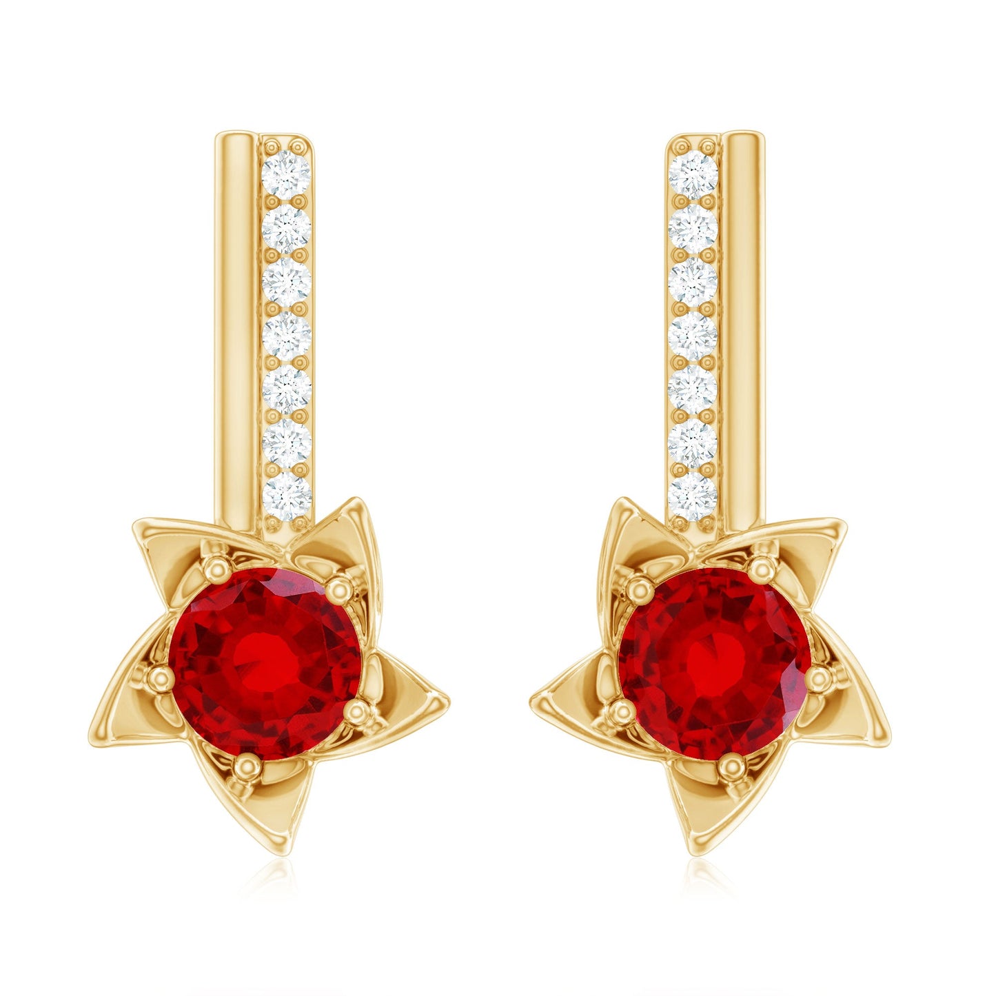 Lab Grown Ruby Diamond Rose Flower Earrings