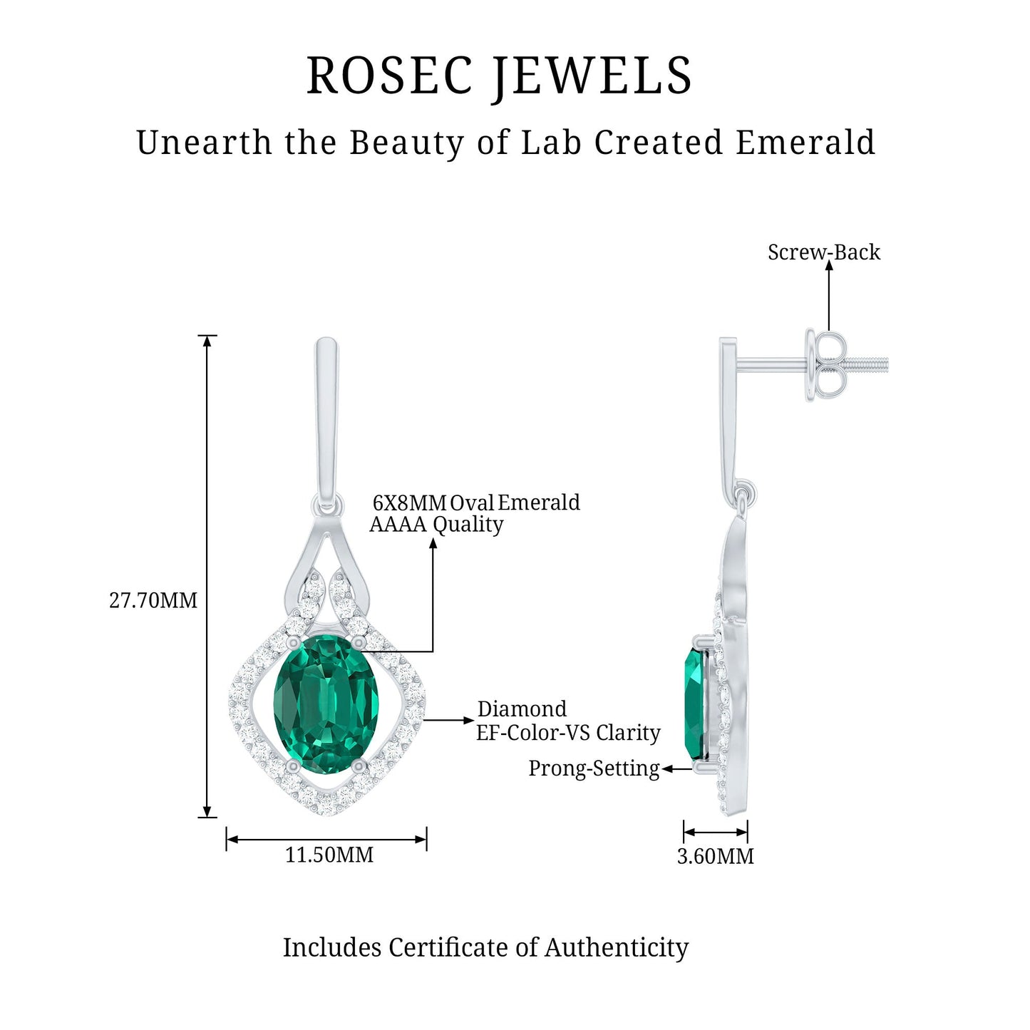 Lab Grown Emerald Drop Dangle Earrings with Diamond Accent