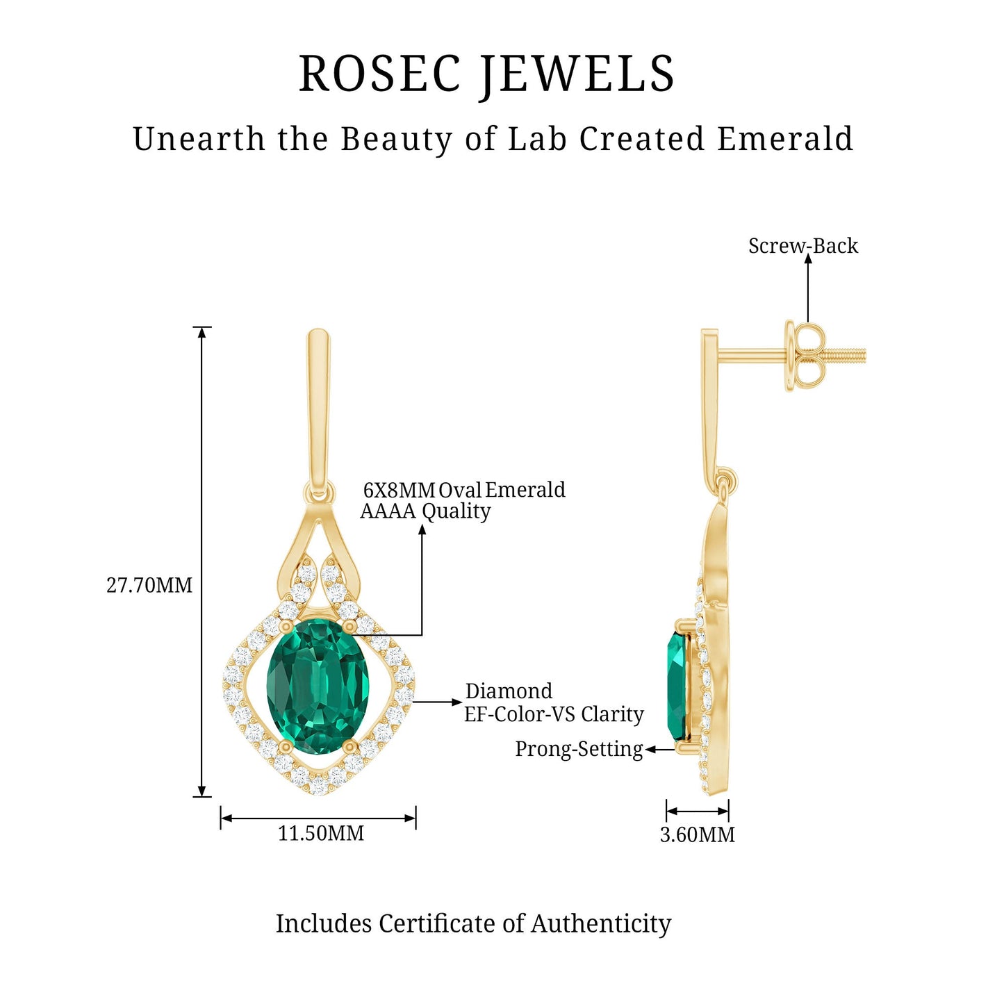 Lab Grown Emerald Drop Dangle Earrings with Diamond Accent