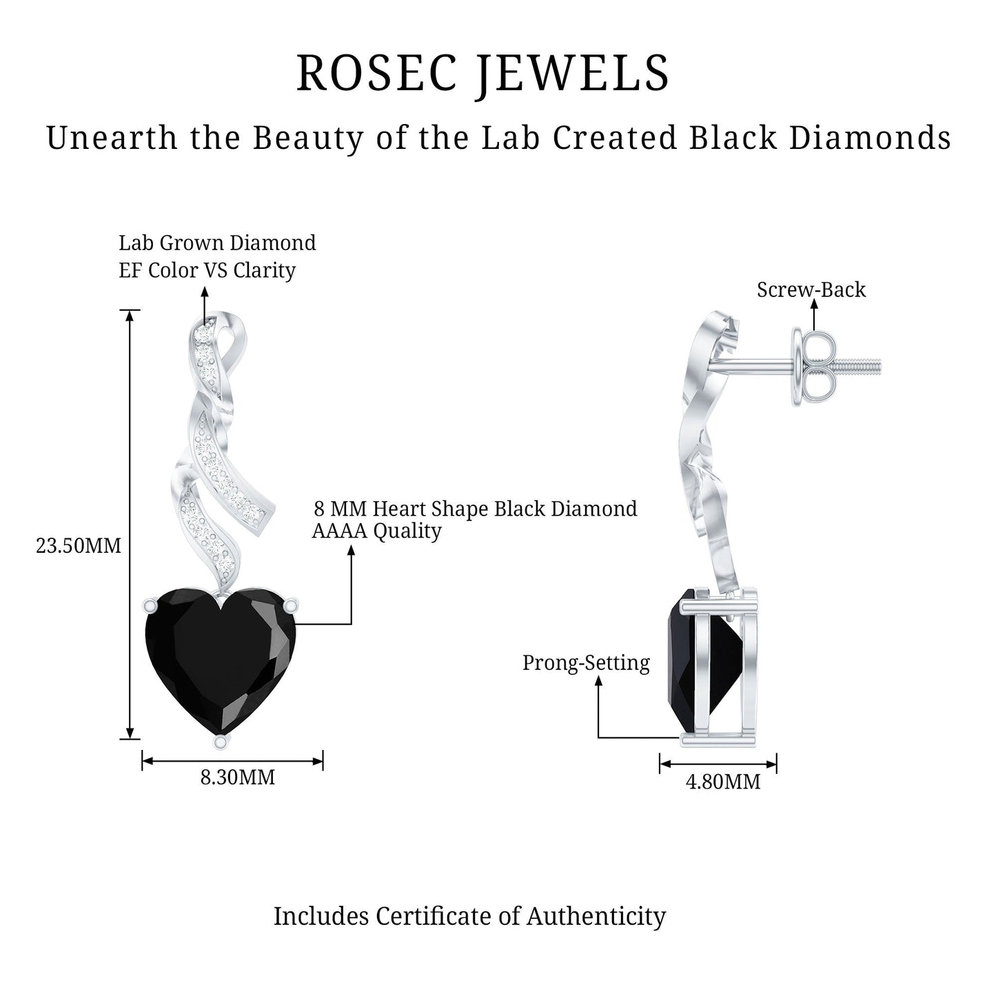 Lab Grown Black Diamond Heart Drop Earrings with Diamonds