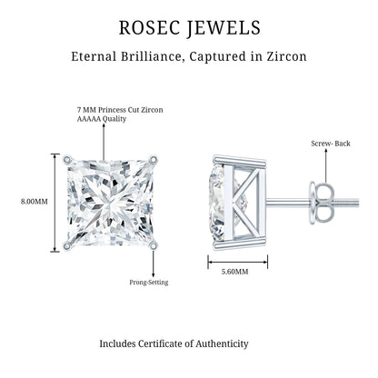 Cubic Zirconia 7 MM Princess Cut Earrings in Silver