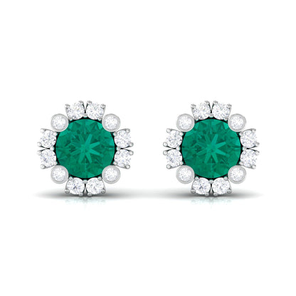 Real 0.99 Carat Emerald and Diamond Halo Stud Earrings