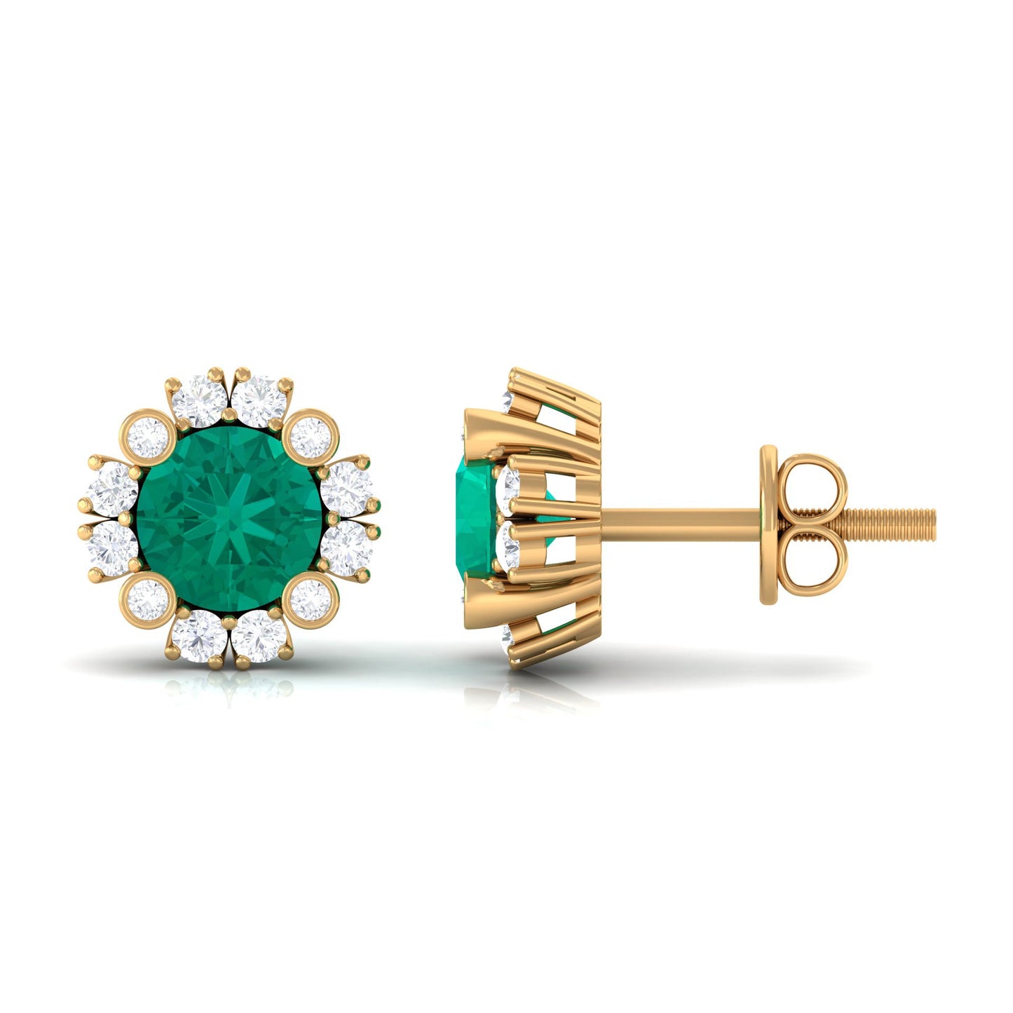 Real 0.99 Carat Emerald and Diamond Halo Stud Earrings