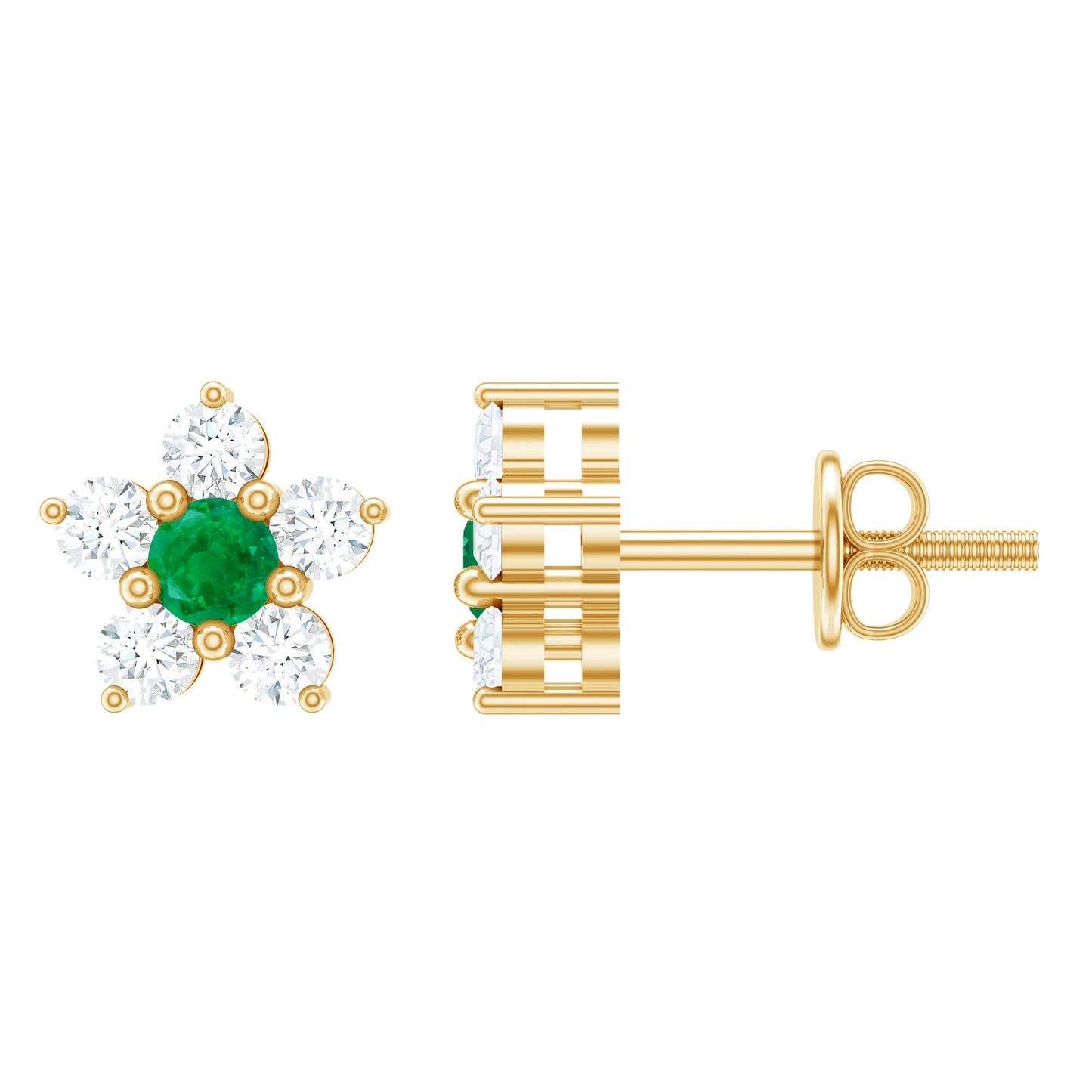 Real Emerald and Diamond Flower Cluster Stud Earrings
