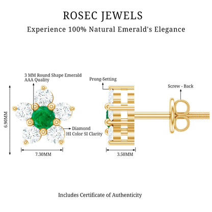 Real Emerald and Diamond Flower Cluster Stud Earrings