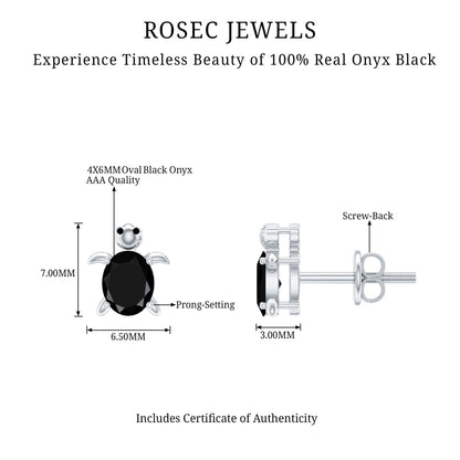 Oval Shaped Black Onyx Turtle Stud Earrings