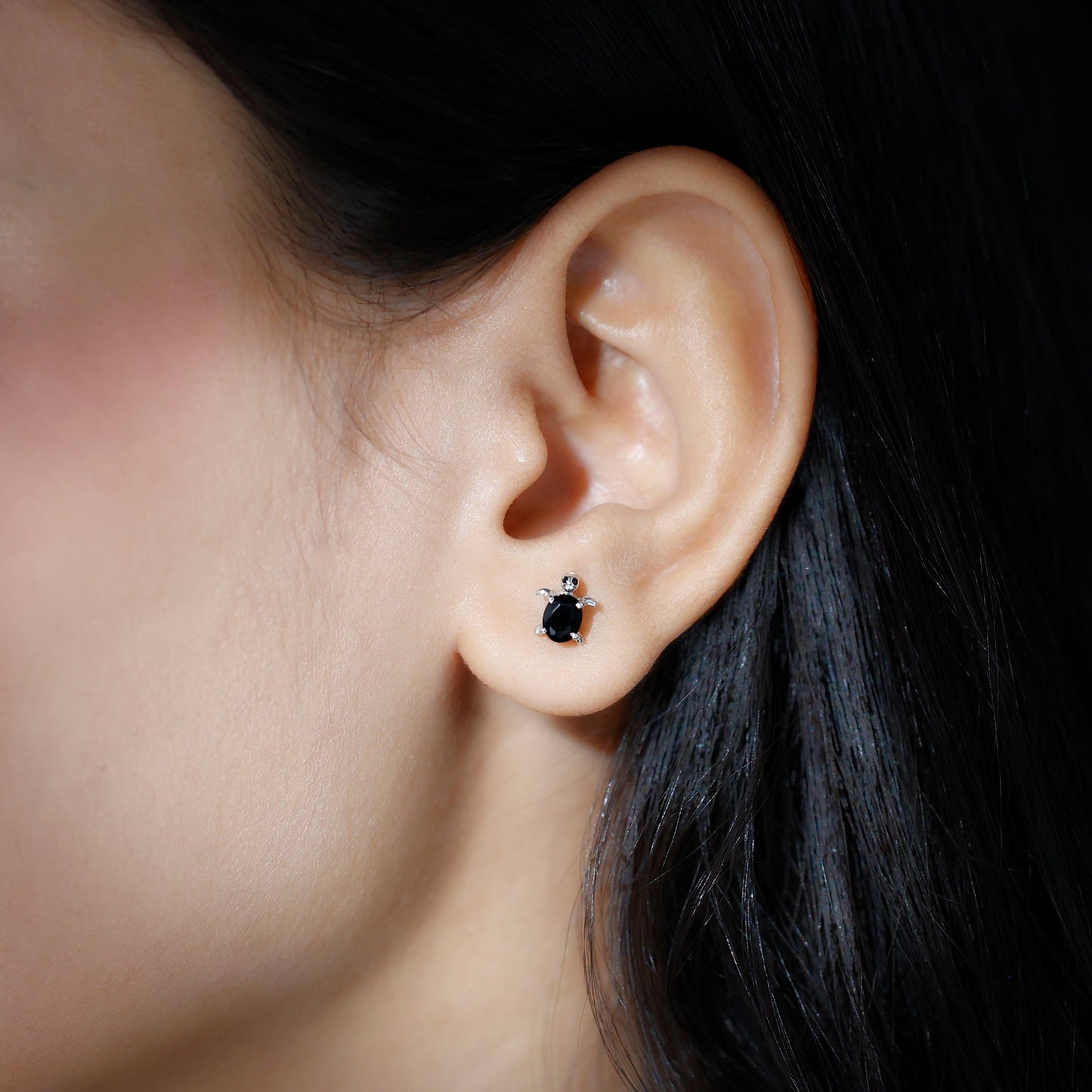 Oval Shaped Black Onyx Turtle Stud Earrings