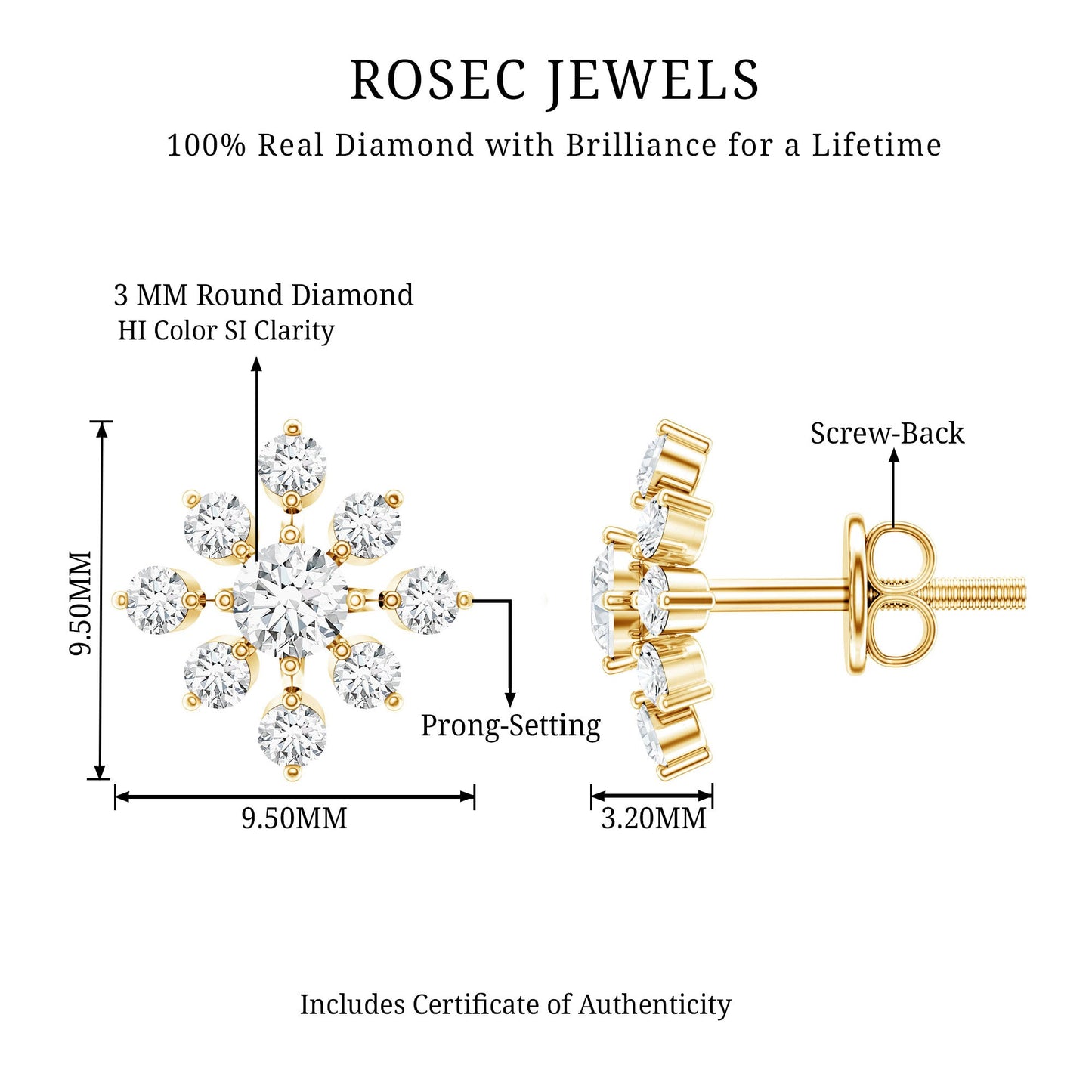 Round Cut Diamond Flower Stud Earrings for Women