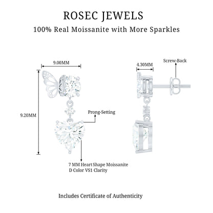 3 Carat Heart Shape Moissanite Drop Earrings with Butterfly