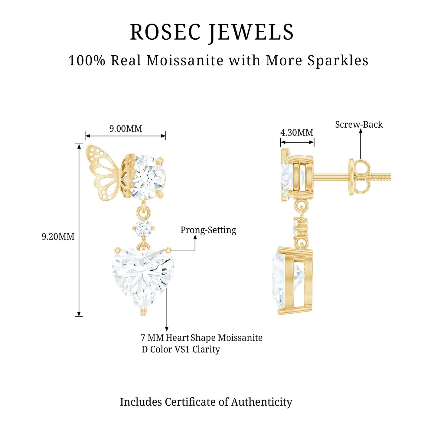 3 Carat Heart Shape Moissanite Drop Earrings with Butterfly