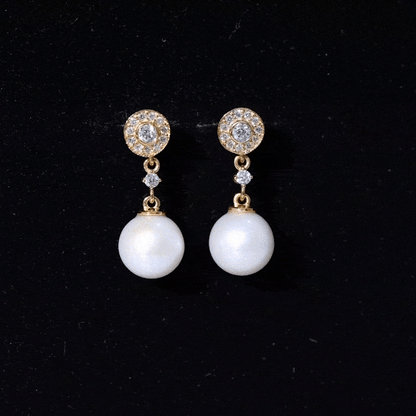 Real Pearl and Diamond Dangle Drop Earrings