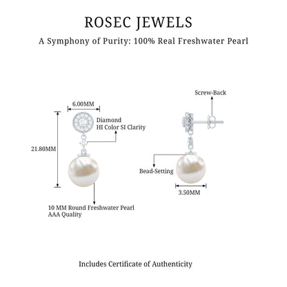 Real Pearl and Diamond Dangle Drop Earrings