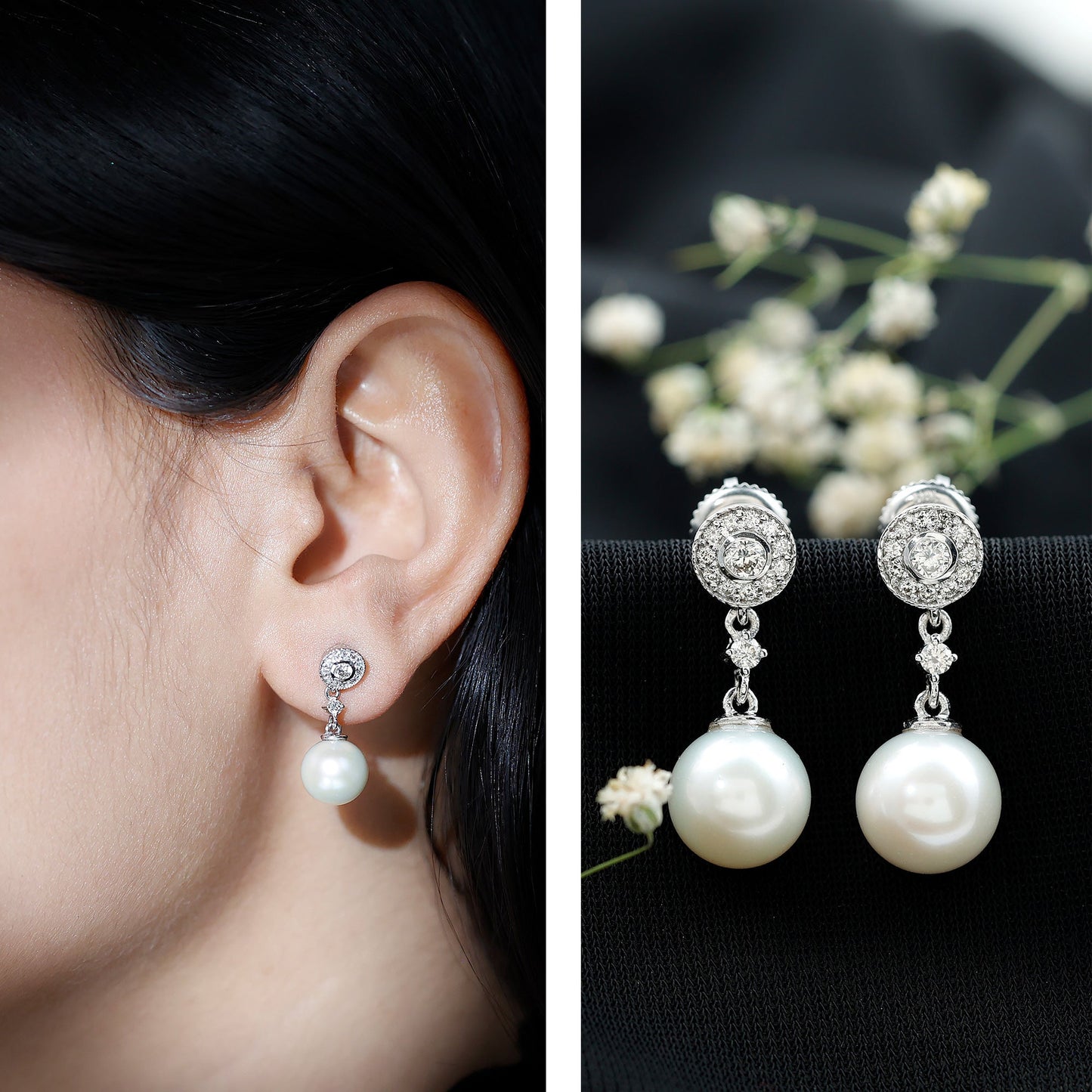 Real Pearl and Diamond Dangle Drop Earrings