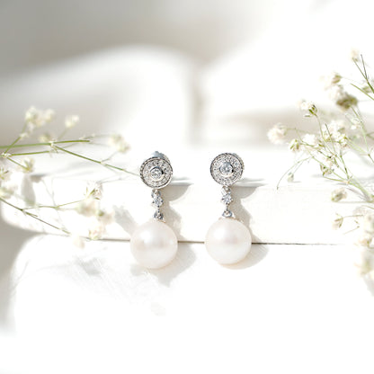 Real Pearl and Diamond Dangle Drop Earrings