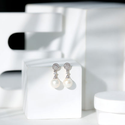 Real Pearl and Diamond Dangle Drop Earrings