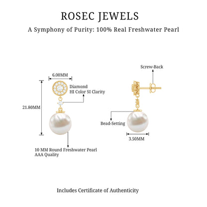 Real Pearl and Diamond Dangle Drop Earrings