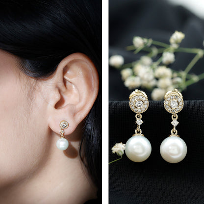 Real Pearl and Diamond Dangle Drop Earrings