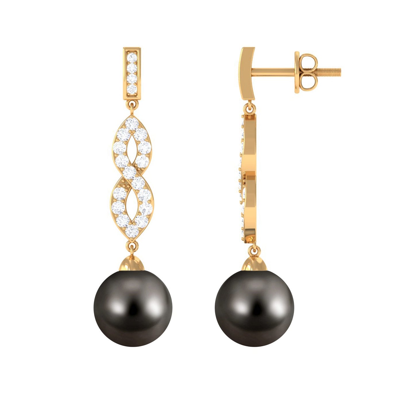 Cultured 15 Carat Tahitian Pearl Dangle Earrings with Diamond Infinity Knot