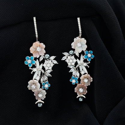 Certified Multi Gemstone Flower Dangle Earrings in Sterling Silver