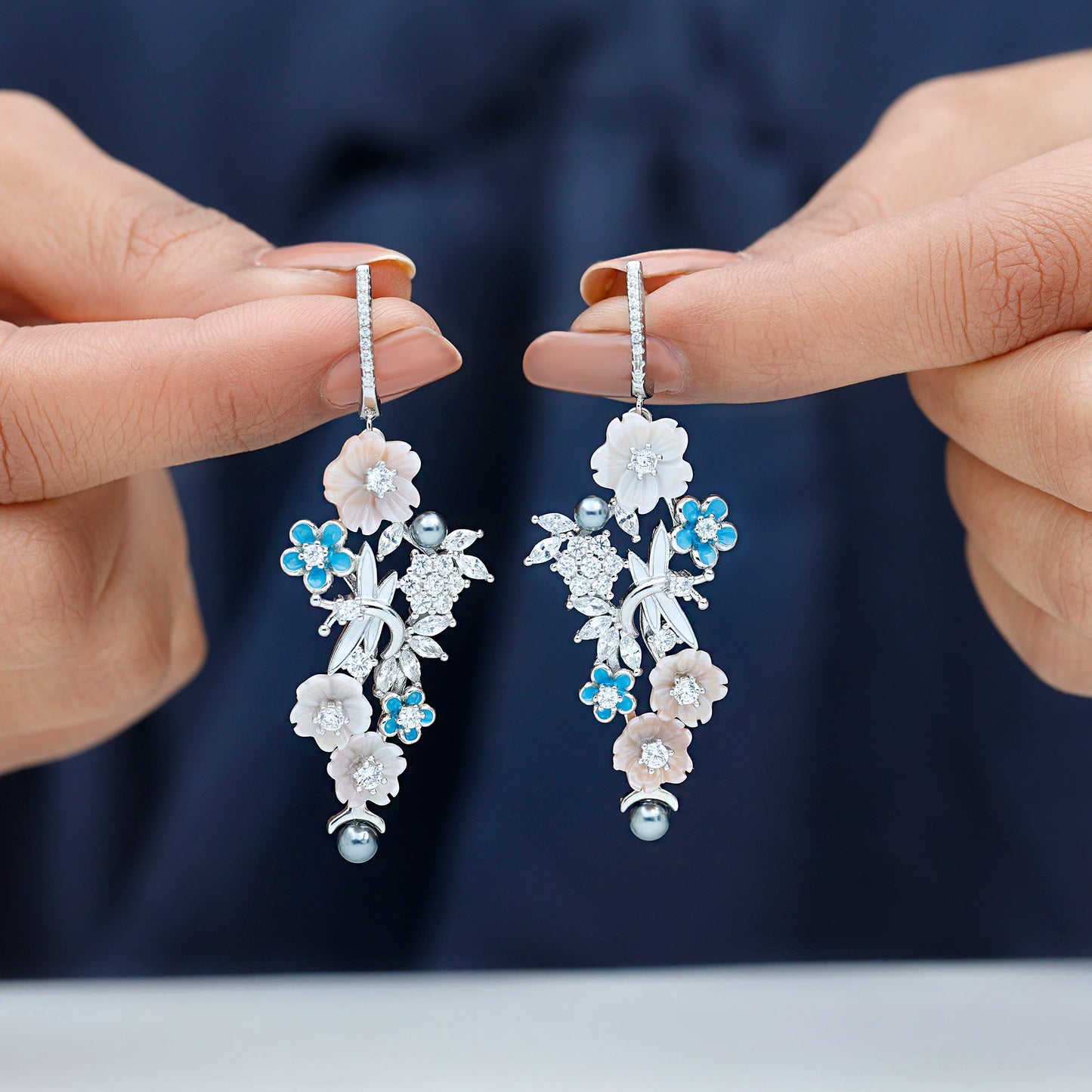Certified Multi Gemstone Flower Dangle Earrings in Sterling Silver