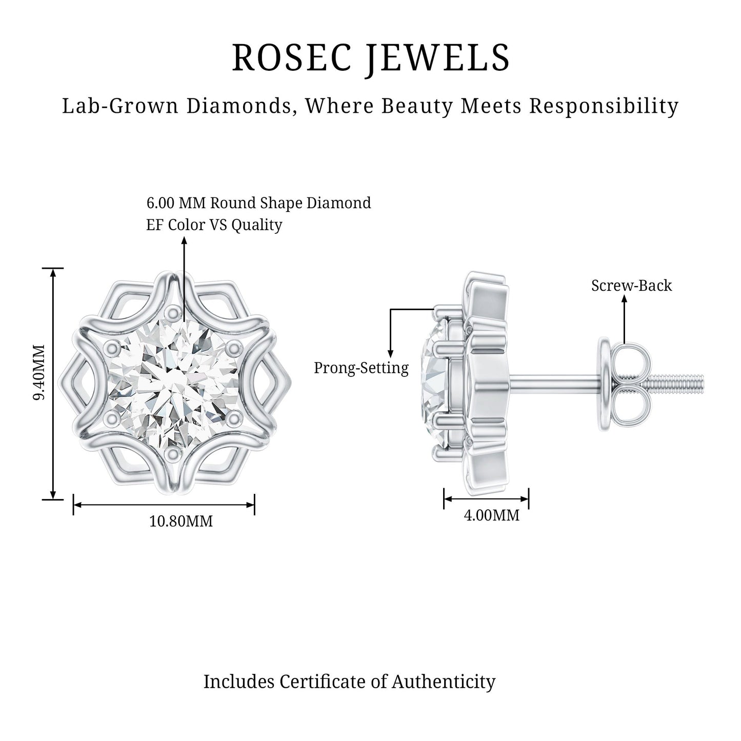 Lab Grown Diamond 1.9 Carat Stud Earrings With Screw Back