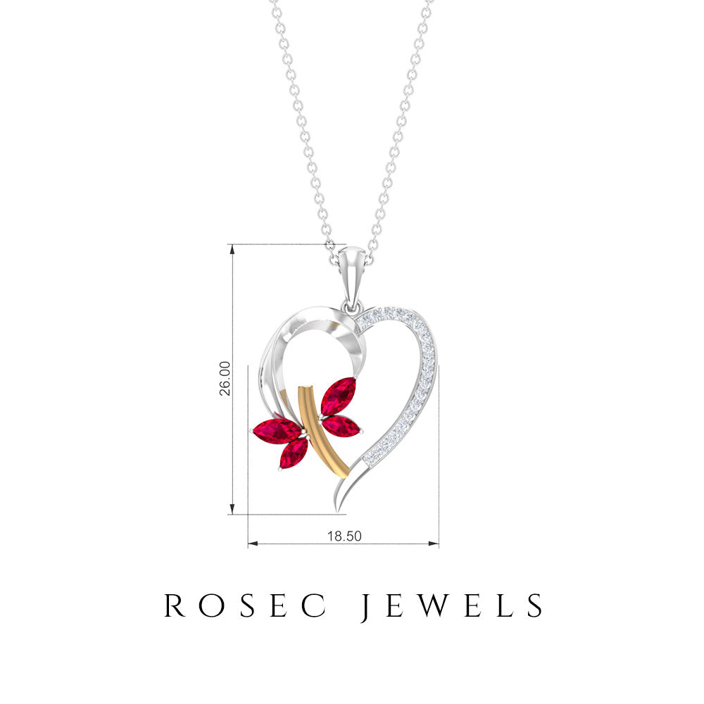 Lab Created Ruby and Diamond Butterfly Heart Necklace