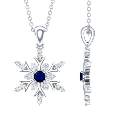 Contemporary Blue Sapphire and Diamond Snowflake Pendant Necklace
