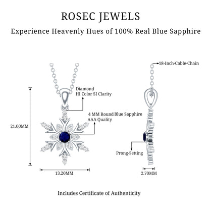 Contemporary Blue Sapphire and Diamond Snowflake Pendant Necklace