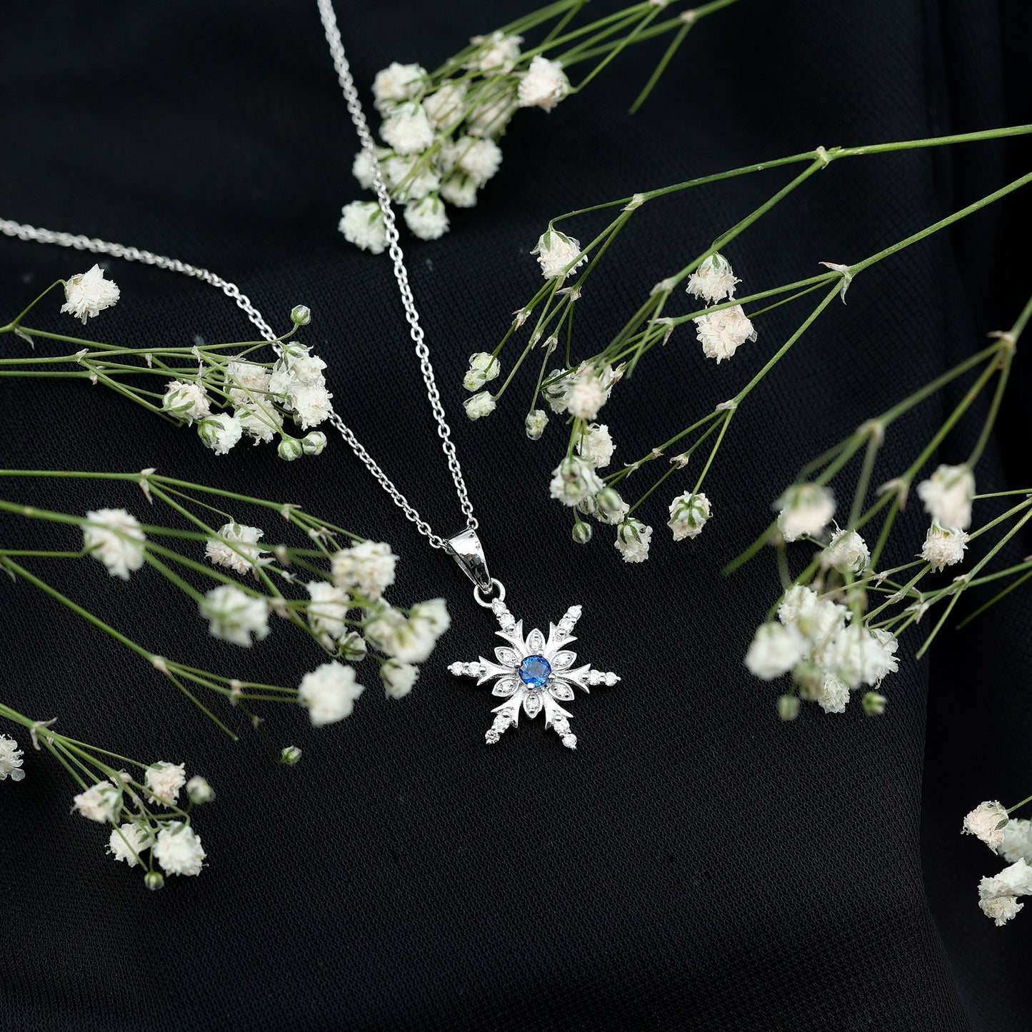 Contemporary Blue Sapphire and Diamond Snowflake Pendant Necklace