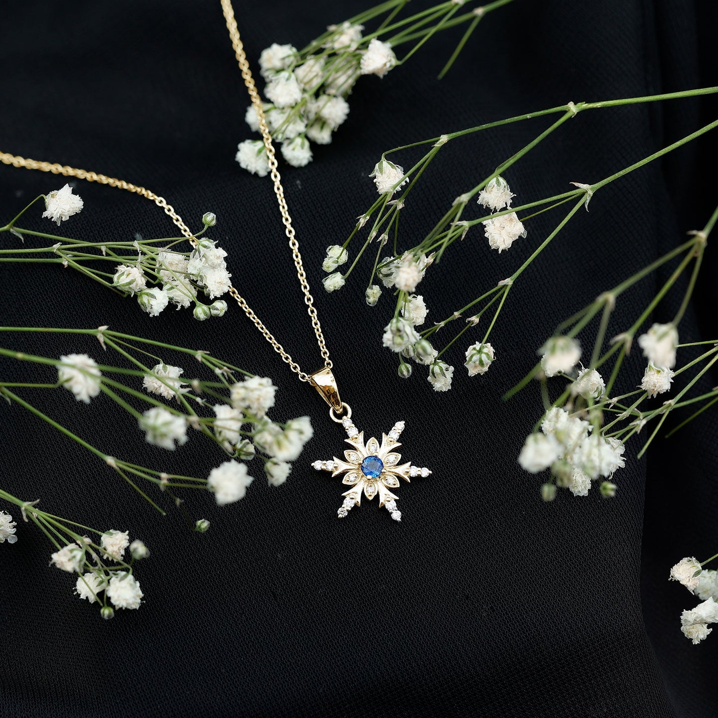 Contemporary Blue Sapphire and Diamond Snowflake Pendant Necklace