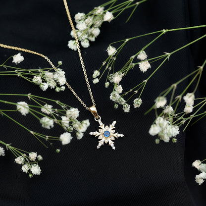 Contemporary Blue Sapphire and Diamond Snowflake Pendant Necklace