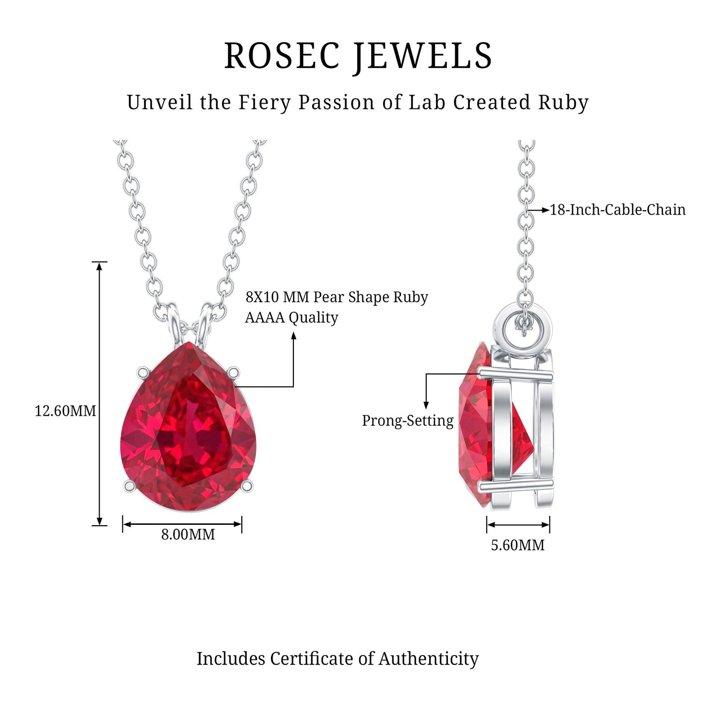 3 Carat Pear Cut Lab Grown Ruby Solitaire Pendant Necklace