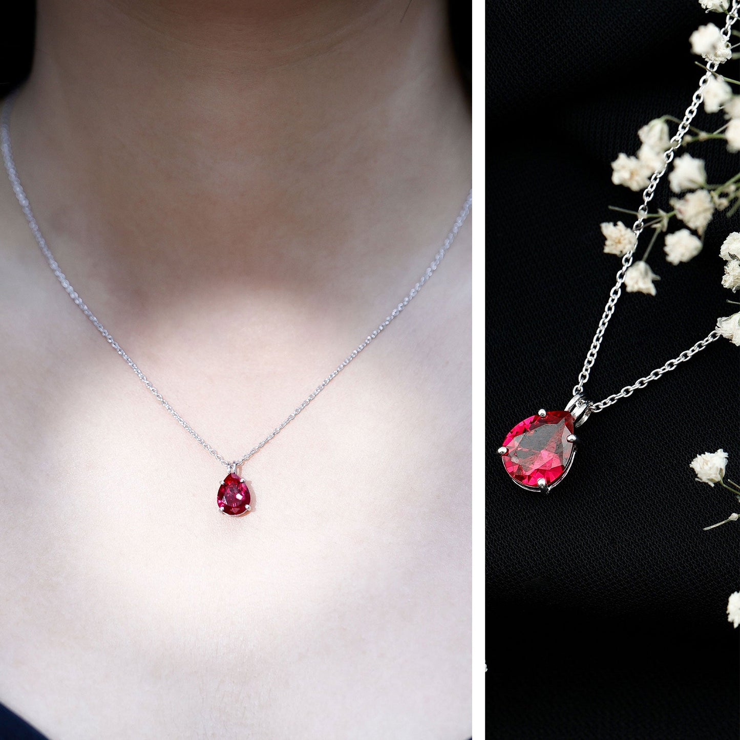 3 Carat Pear Cut Lab Grown Ruby Solitaire Pendant Necklace