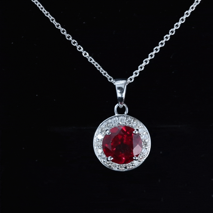 2.3 Carat Round Lab Grown Ruby and Diamond Halo Necklace