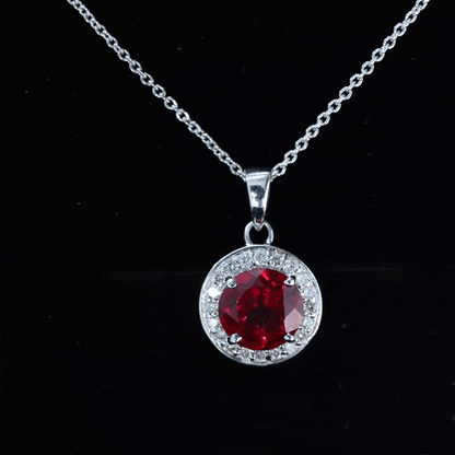2.3 Carat Round Lab Grown Ruby and Diamond Halo Necklace