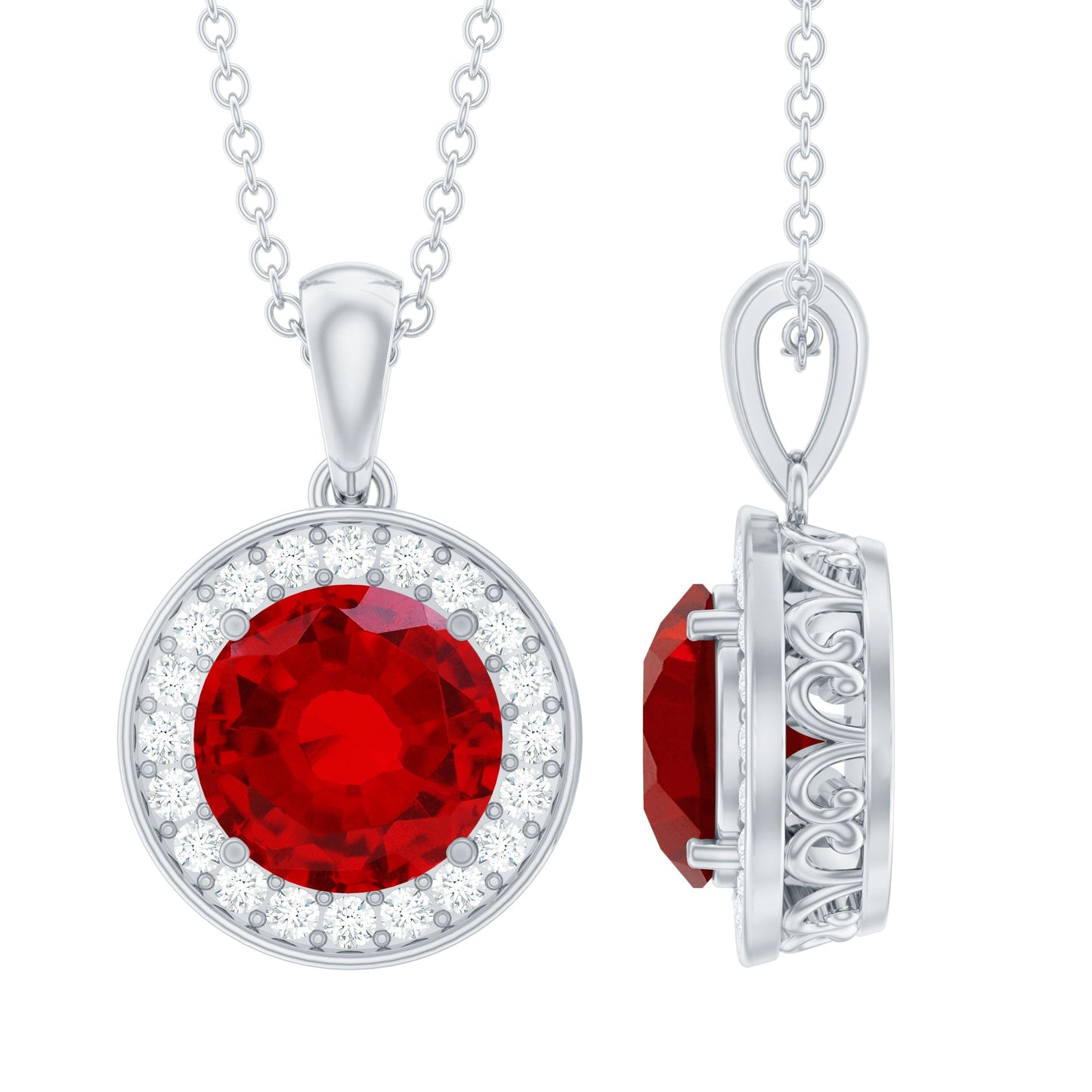 2.3 Carat Round Lab Grown Ruby and Diamond Halo Necklace