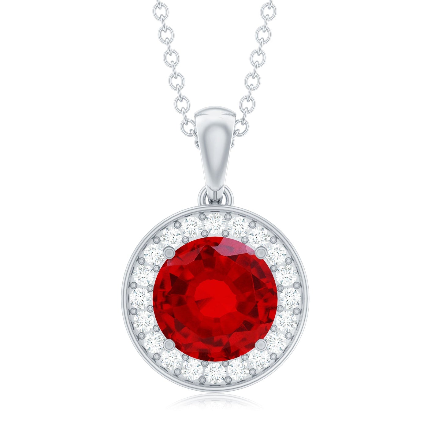 2.3 Carat Round Lab Grown Ruby and Diamond Halo Necklace