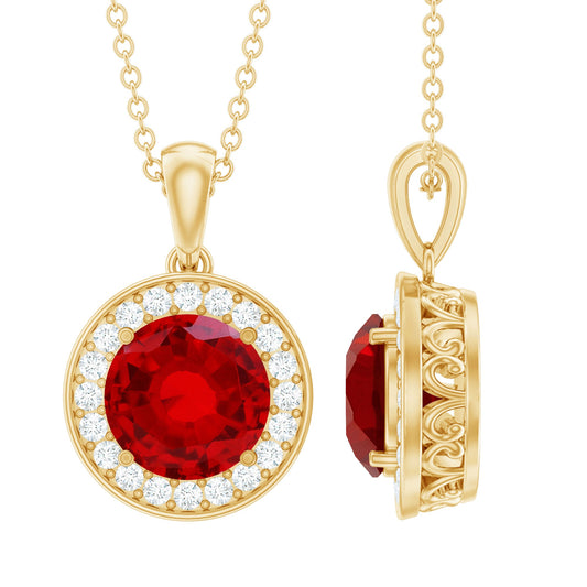 2.3 Carat Round Lab Grown Ruby and Diamond Halo Necklace