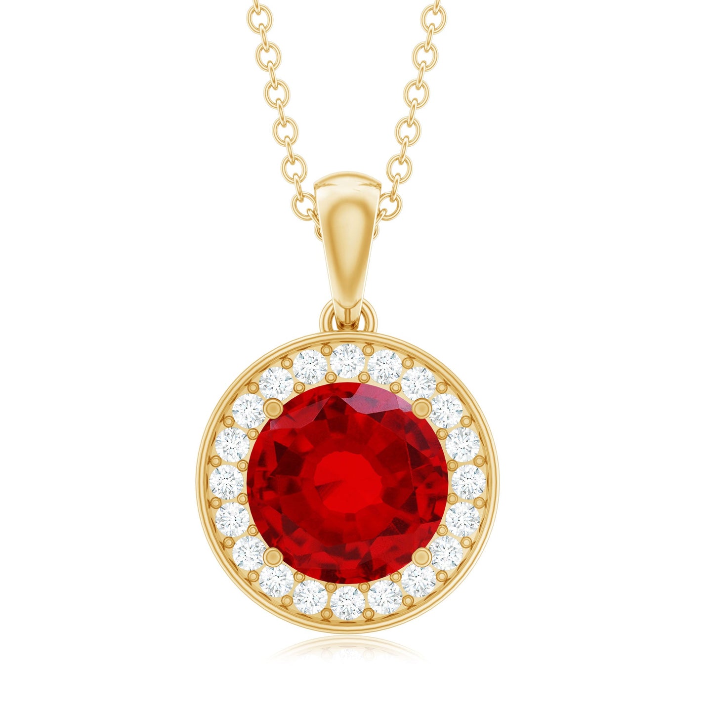 2.3 Carat Round Lab Grown Ruby and Diamond Halo Necklace