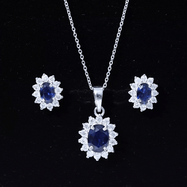 Princess Diana Inspired Lab Grown Blue Sapphire Necklace Earrings Set in Silver