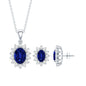 Oval Shaped Lab Created Blue Sapphire Necklace and Earrings Set with Moissanite Halo