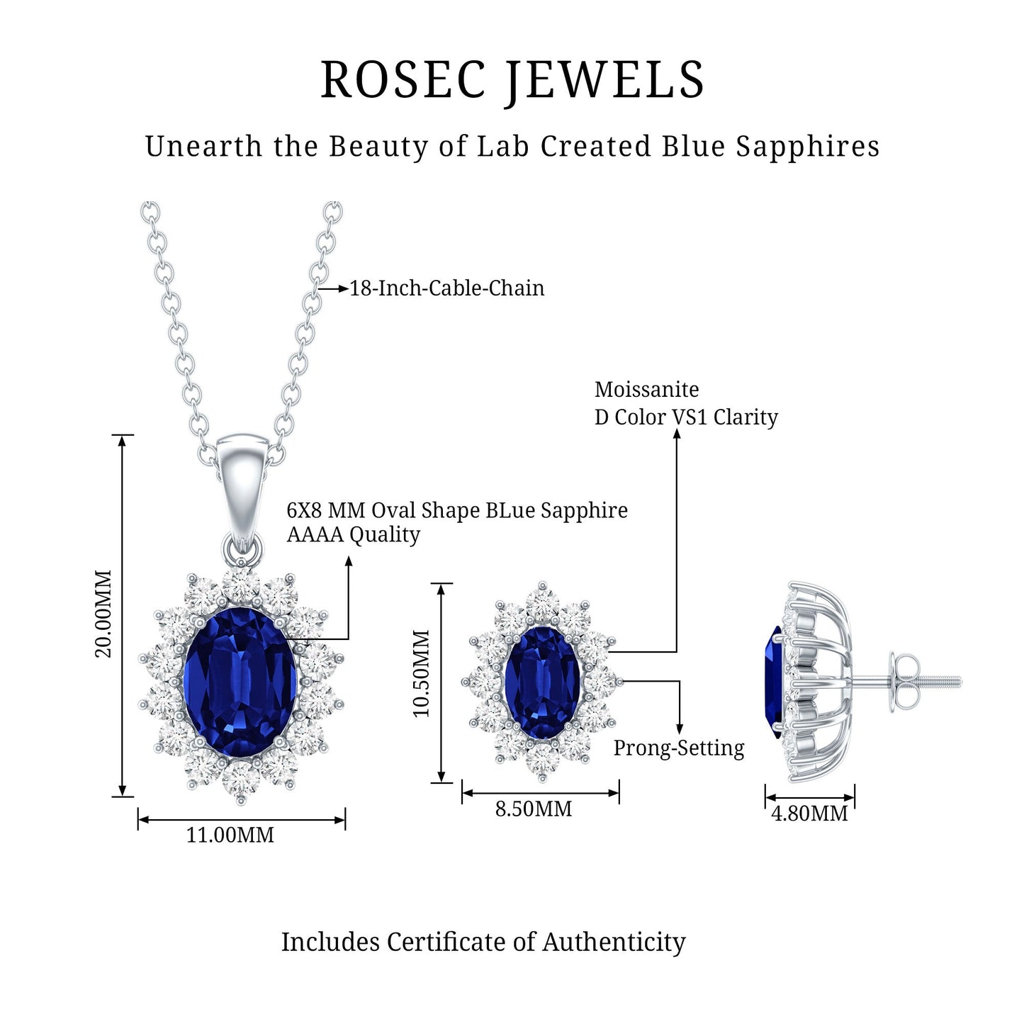 Princess Diana Inspired Lab Grown Blue Sapphire Necklace Earrings Set in Silver